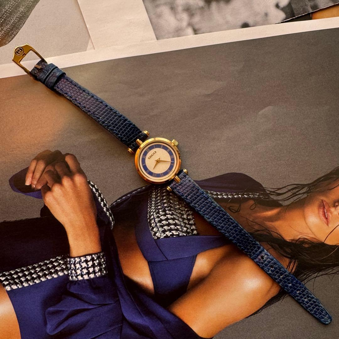 新品電池 稼働 GUCCI ブルー レザー アナログ腕時計 - メルカリ