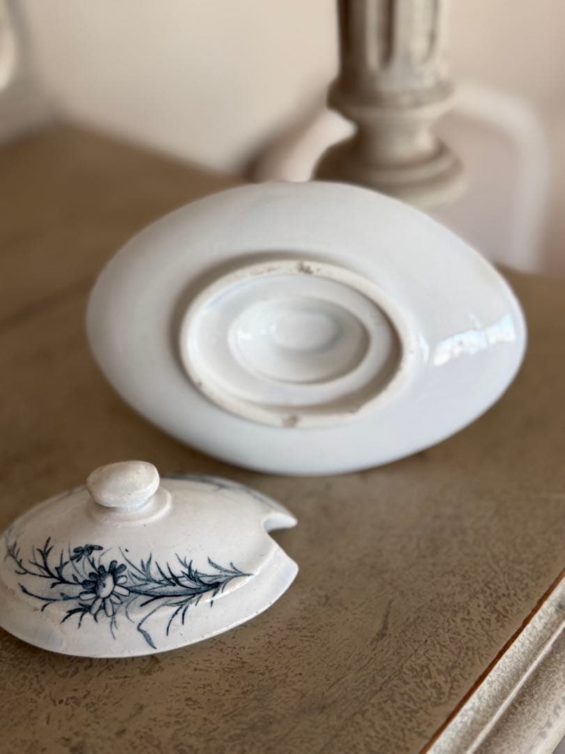 フランスアンティーク陶器ジアンGien小鳥と水車模様のムタディエ