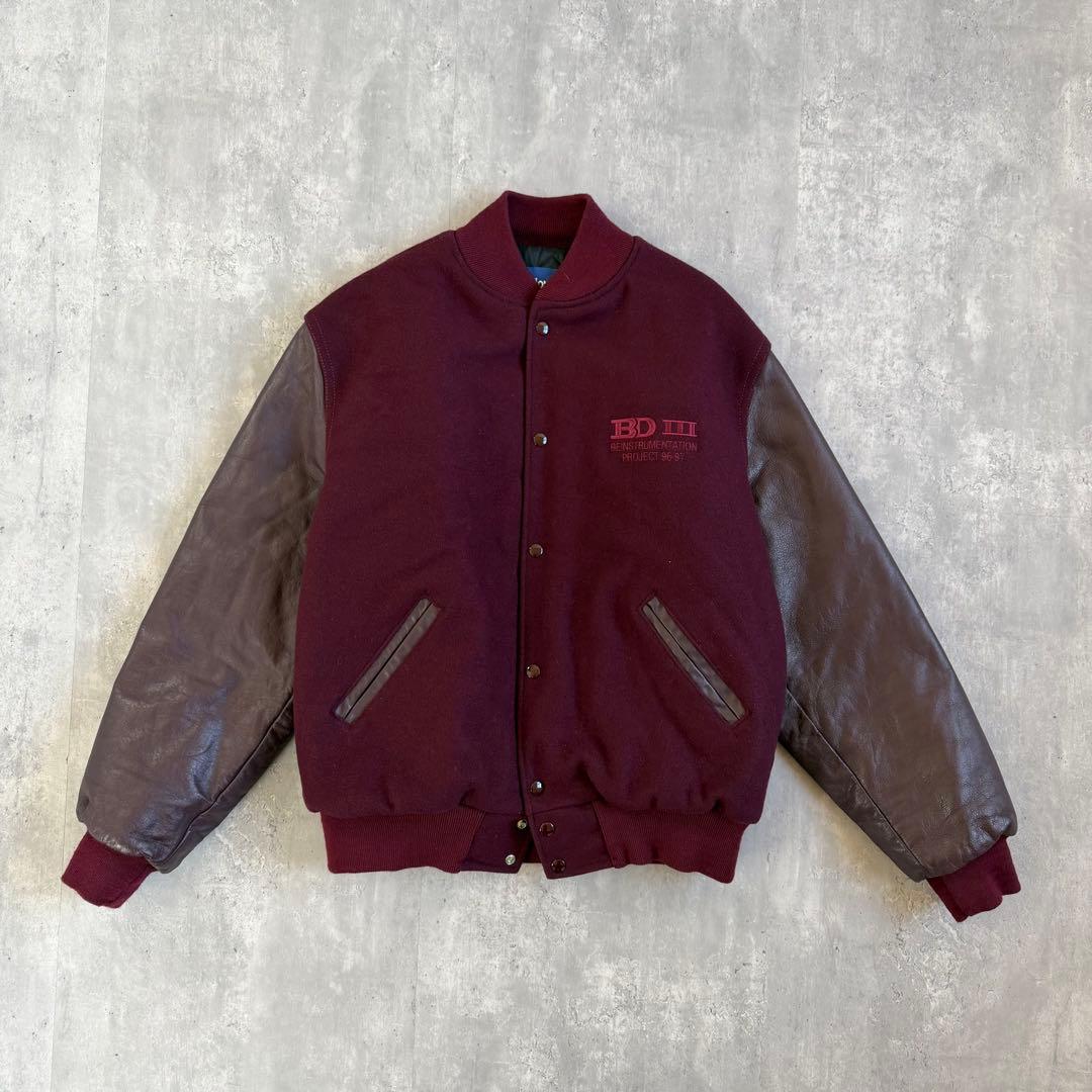 Holloway 90s USA製 ウール×レザー スタジャン ワインレッド L 中古・古着通販】Holloway (ホロウェイ) レザー切り替え刺繍スタジャン