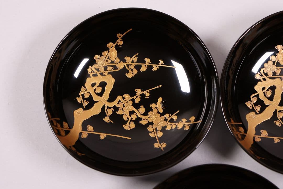 CM232】古い木皿 五客 梅 金蒔絵 黒塗 小皿 菓子皿 木製漆器 大正