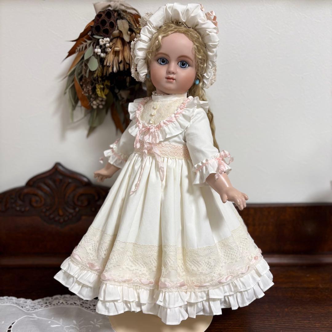 アンティークドール ビスクドール ドレス ボネ コットンシルク ピンク