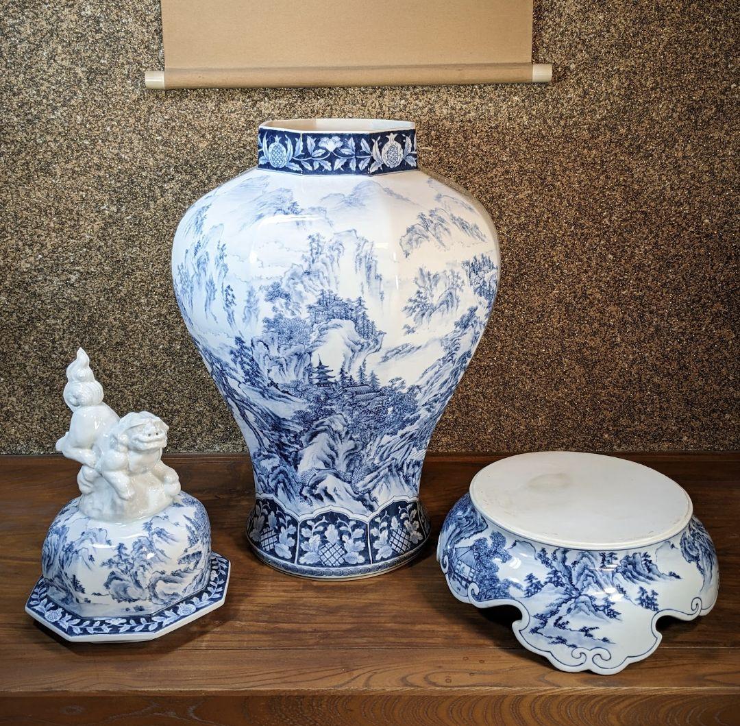 未使用 有田焼 沈香壺 染付 神右衛門作 総手描 特大八角壺 山水絵 三