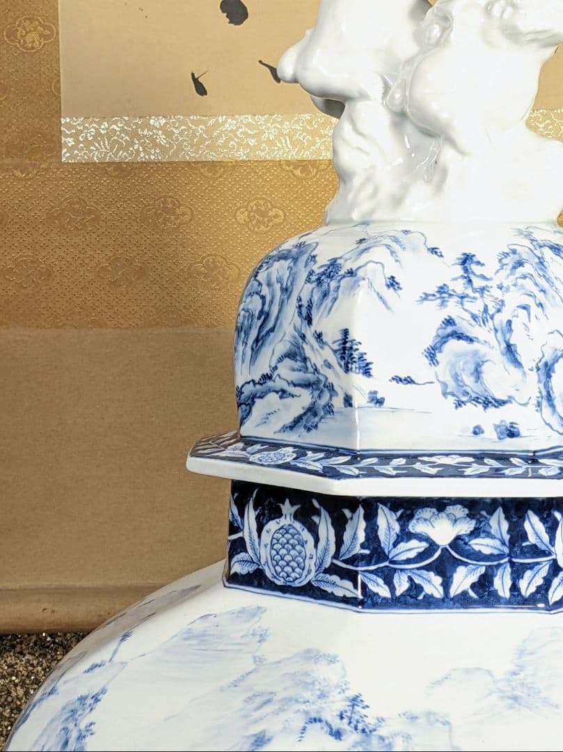 未使用 有田焼 沈香壺 染付 神右衛門作 総手描 特大八角壺 山水絵 三