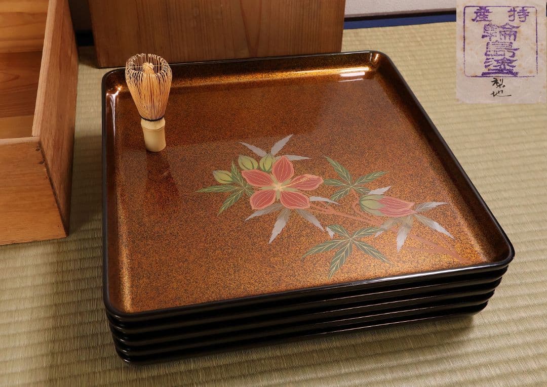 輪島塗 木製 花の蒔絵 梨地 四方膳 五客 芙蓉 木槿 卓上 茶懐石【CM187 輪島塗 木製 花の蒔絵 梨地 四方膳 五客 芙蓉 木槿 卓上 茶懐石【CM187