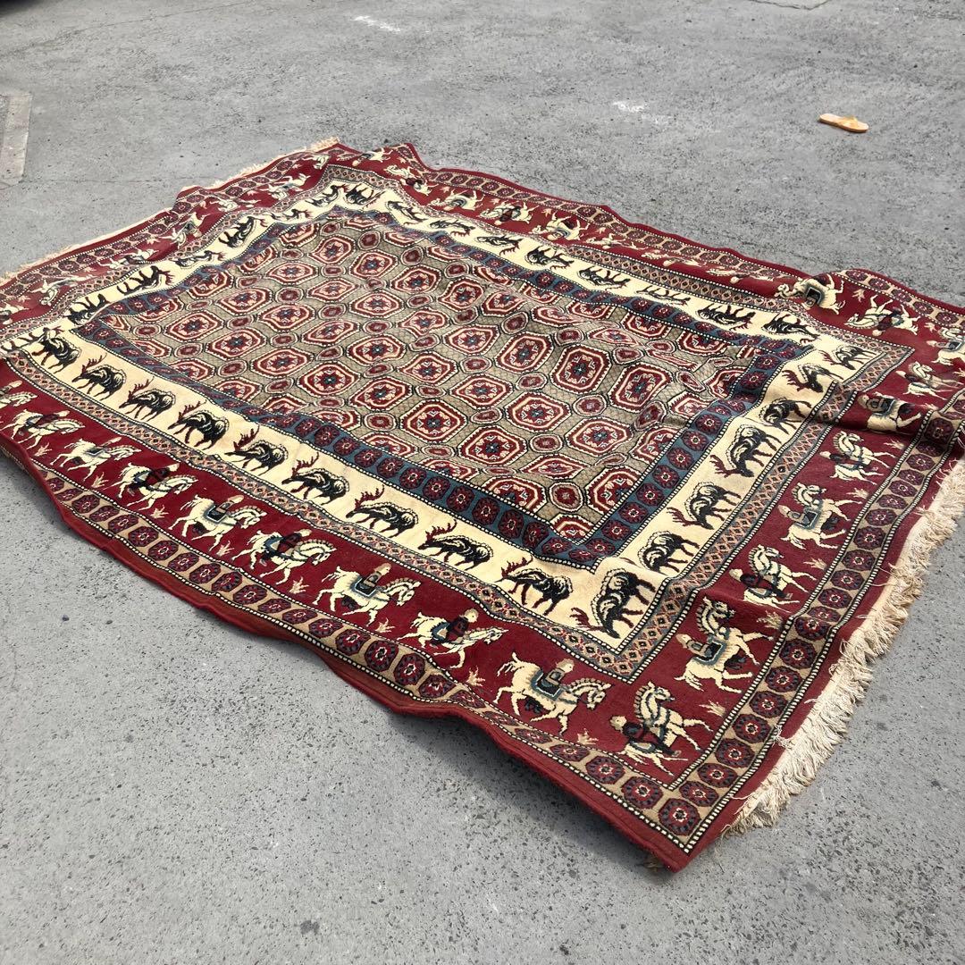 ヴィンテージ 馬 動物柄 民族柄 ペルシャ絨毯 大型絨毯 カーペット