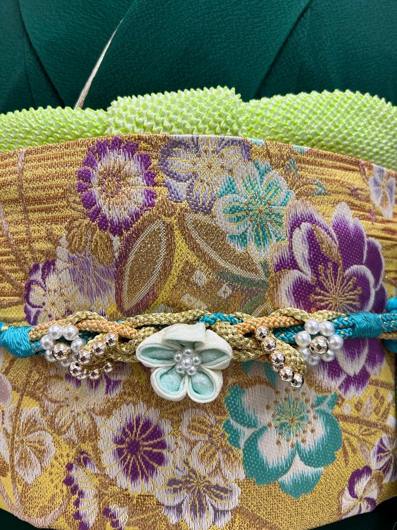 振り袖 フルセット 長襦袢付 緑 成人式 パーティー 刺繍入り 長尺袋帯