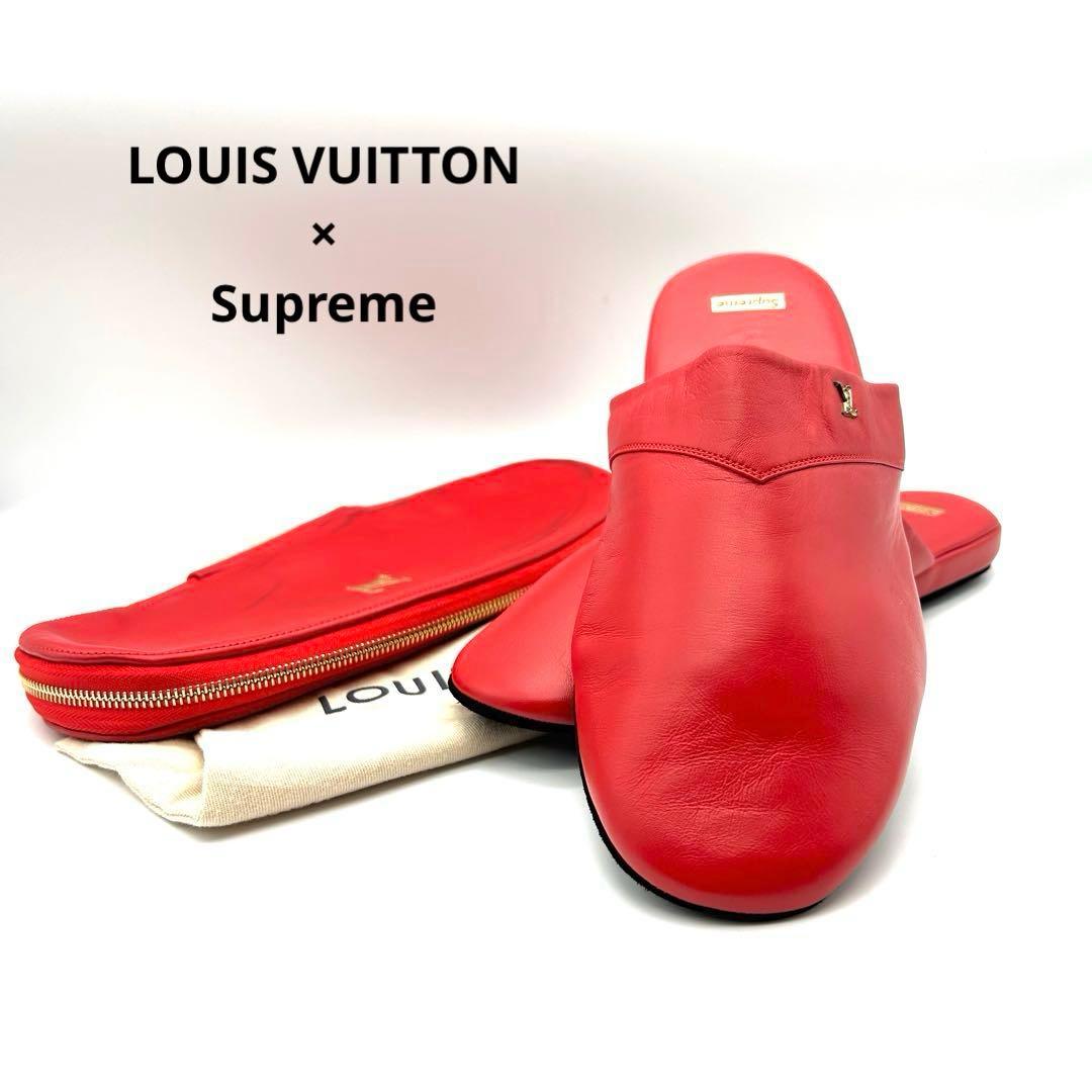 ルイヴィトン×シュプリーム コラボ・ヒュー スリッパ・レザー 赤 LV