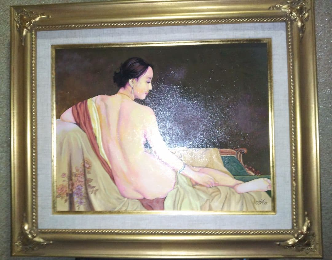 森本草介、絵画、美人画、油彩6号、裸婦、憩いの時、新品額縁、肉筆