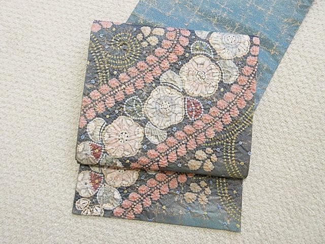 袋帯：辻が花 絞り：高級品：美品：作家印：ブルーグレー金糸織：N97