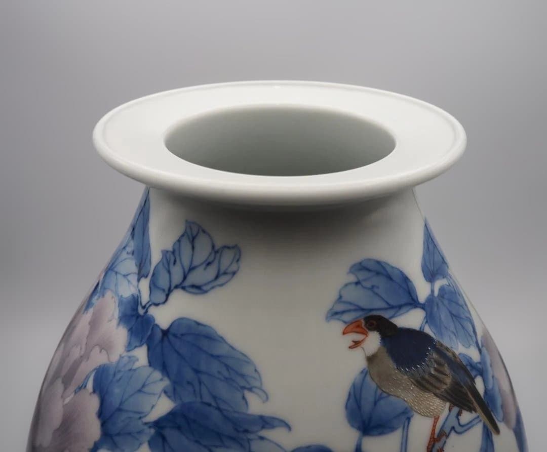 真葛香山 宮川香山 青華釉下彩花瓶 4鳥牡丹図 台付き - メルカリ