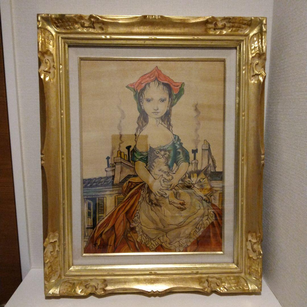 藤田嗣治 油彩F8号 パリ屋根の前の少女と猫 表サイン 裏 田村孝之介