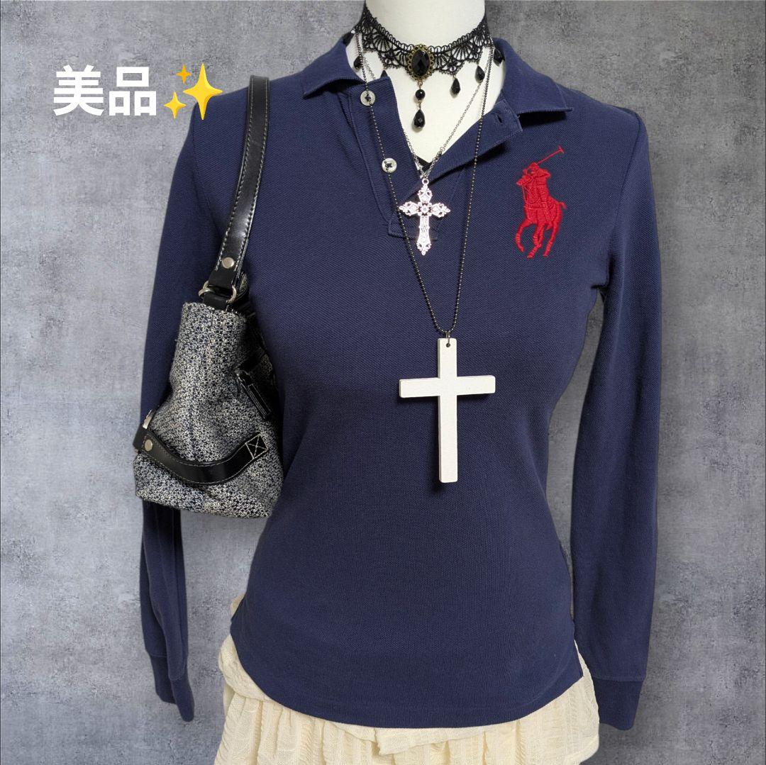 Y2K ラルフローレン ビックポニー ブルー ピチ ポロシャツ 平成ギャル