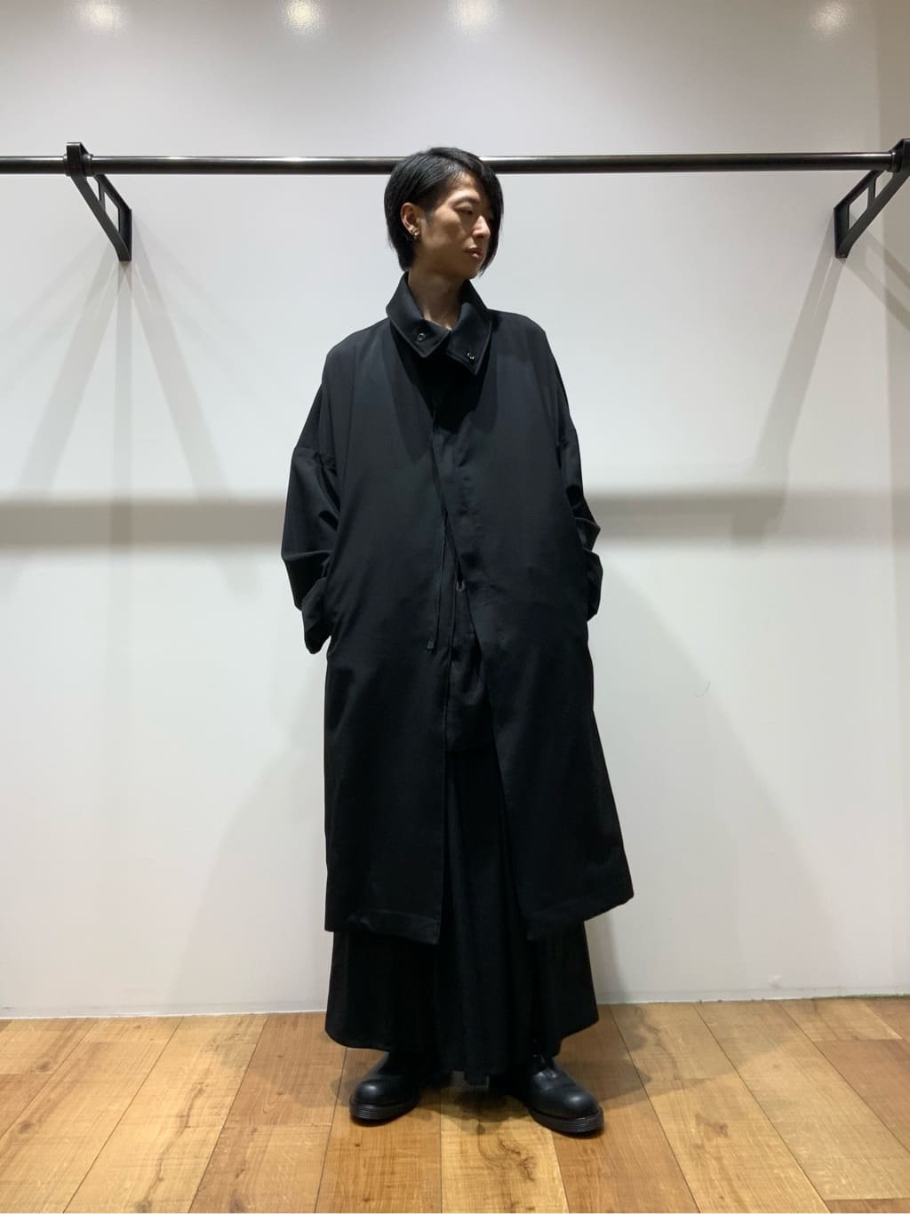 Y's ブラックフード付きロングモッズコート ウールギャバ ウール