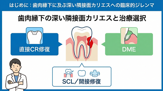 歯肉縁下マージンでも歯を残せるか？直接CR修復の予後とDME・歯冠長