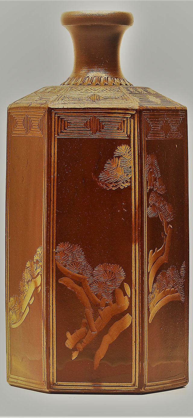 陶器瓶 徳利 暗い紫色 金色模様 木村素静先生 彫刻 夢柄子 鉄線