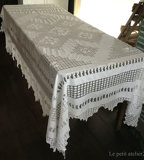 特大)(長方形)フランス アンティーク リネン テーブルクロス ホワイト