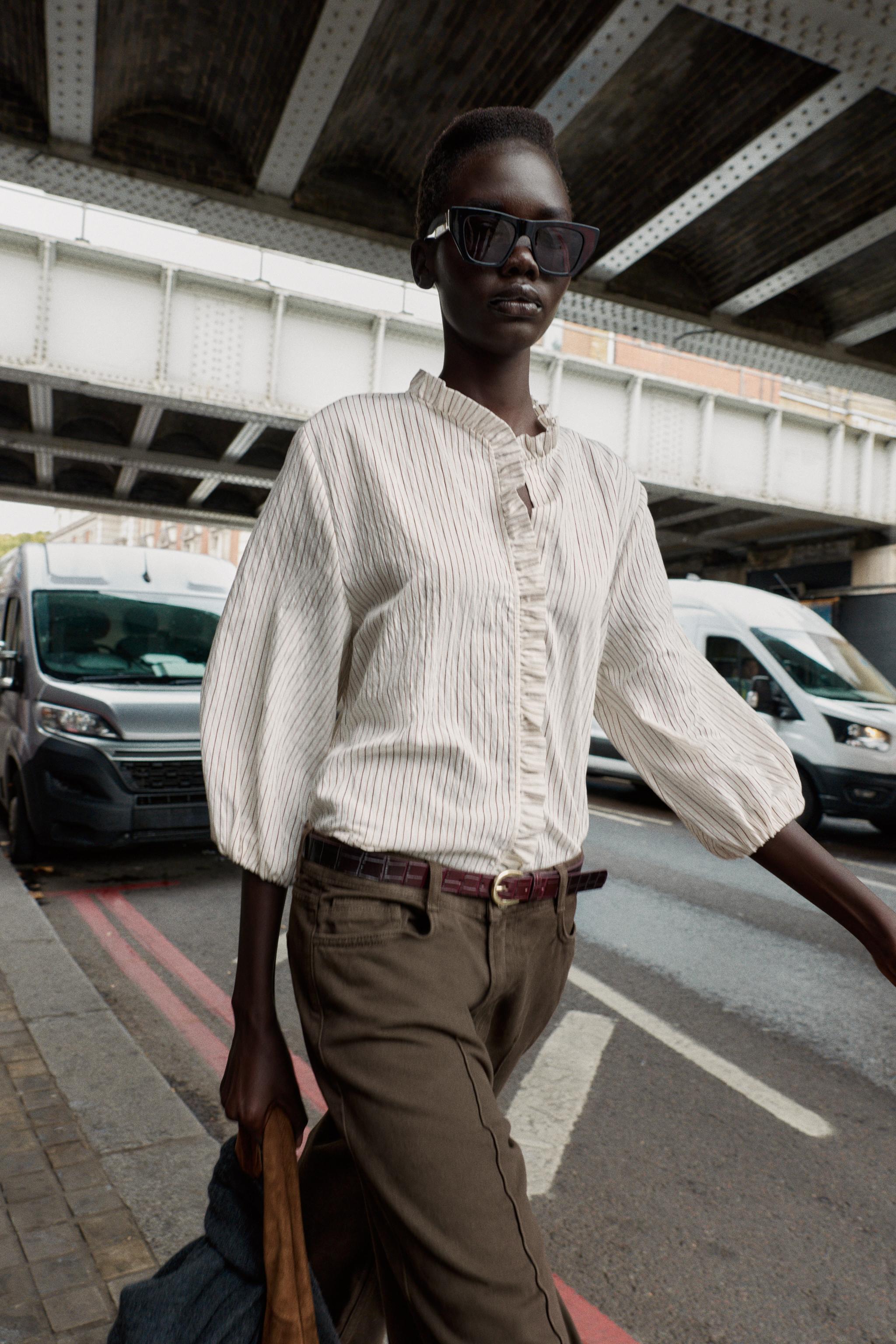 RUFFLED STRIPED SHIRT - Ecru / Brown | ZARA United States