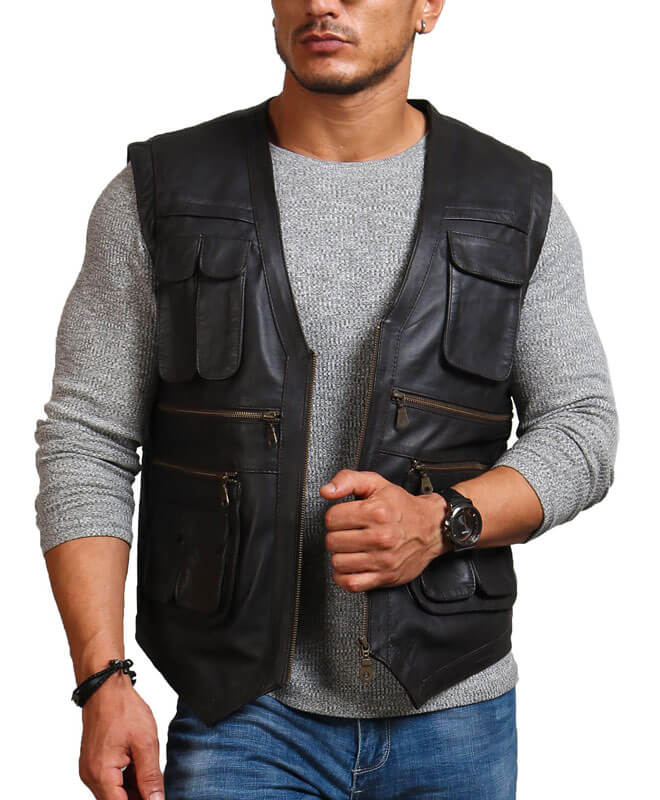 Men's Biker Black Leather Vest - Biker Vest Inspired by Chris