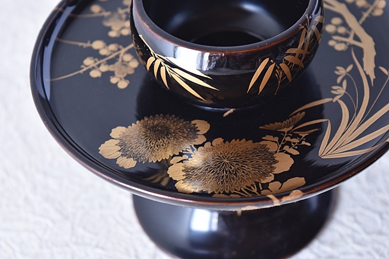 天然木製漆塗 四君子 金蒔絵 高茶台 天目台 2客セット - 生活骨董と