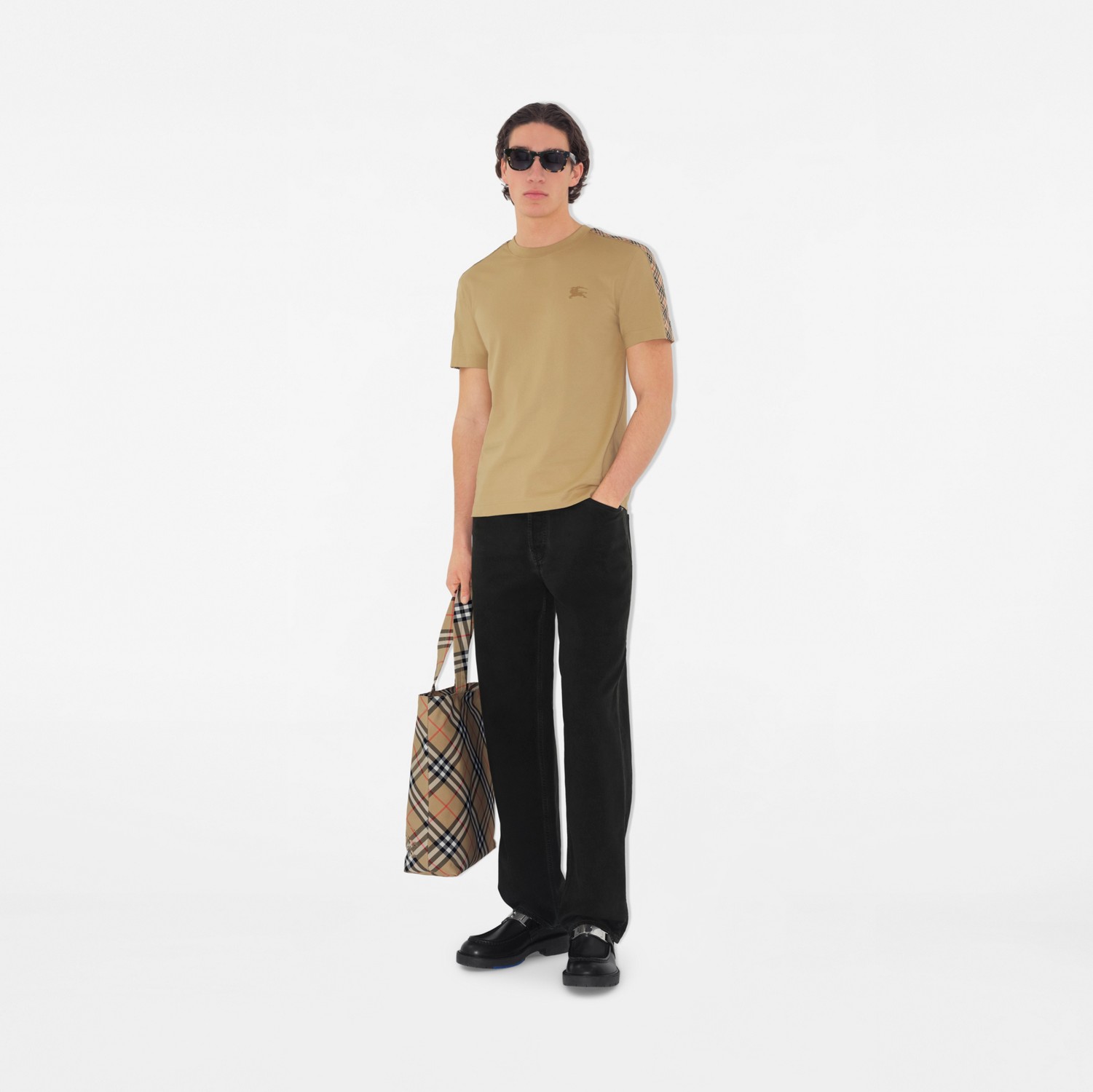 チェックトリム コットンTシャツ (フラックスベージュ) - メンズ