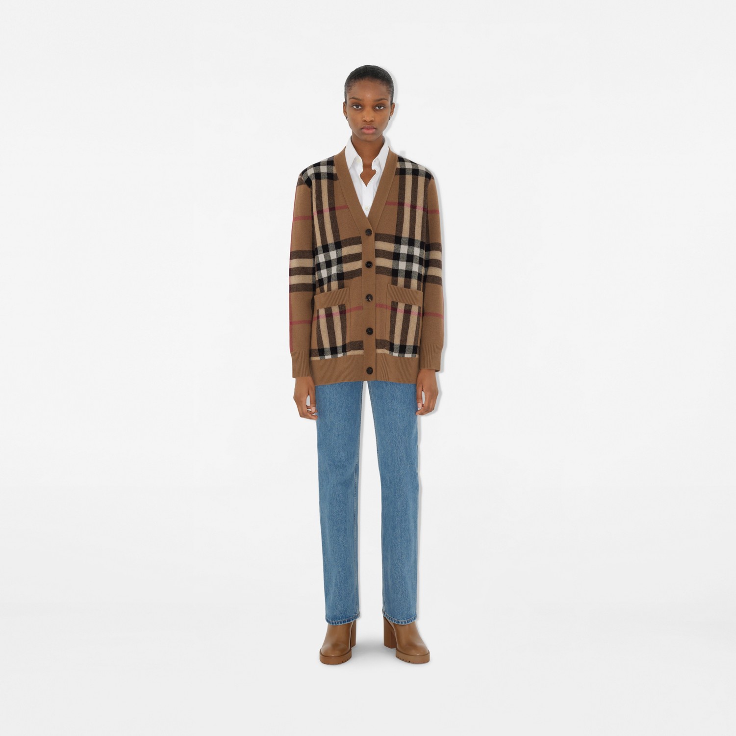 Check Wool Cashmere Cardigan in Birch brown - Women | Burberry