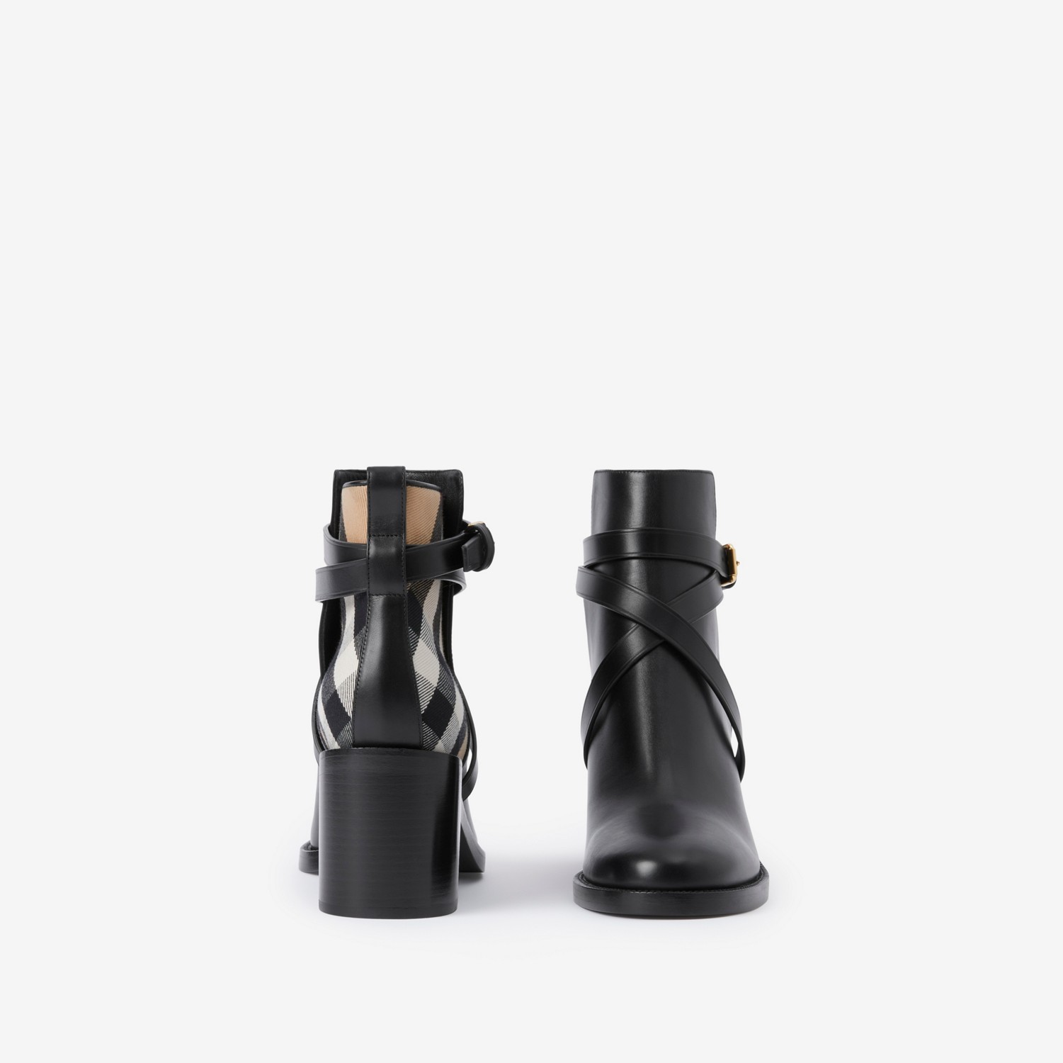 チェック＆レザー ヒールブーツ (ブラック／アーカイブベージュ