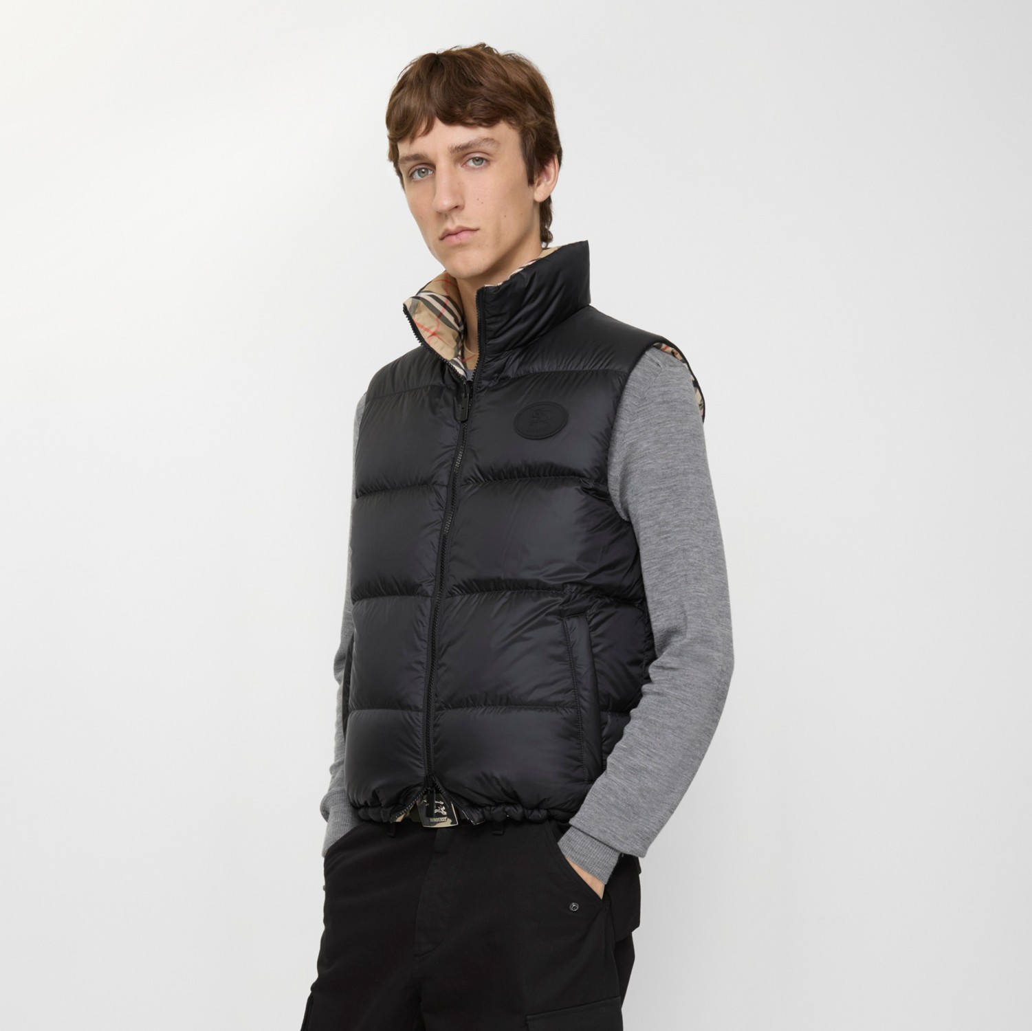 リバーシブル チェック ダウンベスト (サンドベージュ) - メンズ