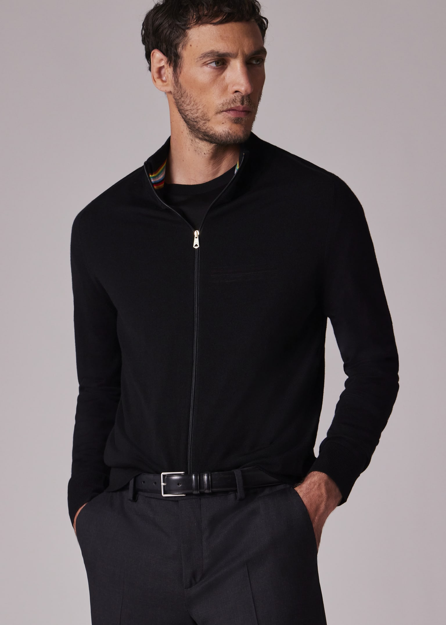 Men's Black Merino Wool Full Zip Cardigan