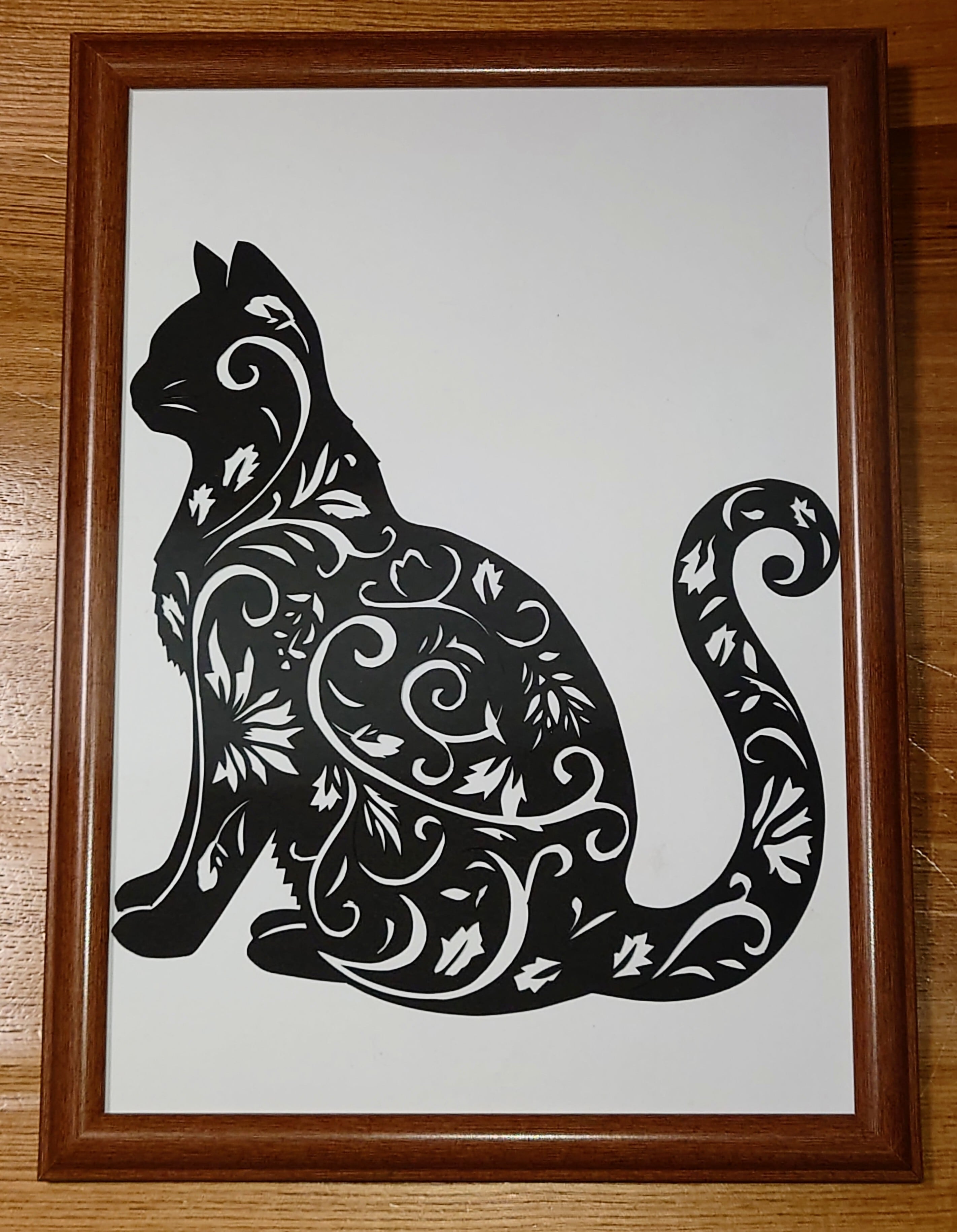 切り絵 猫ちゃんシルエット(草花模様）左向き | Miyu工房 Paper Cutting