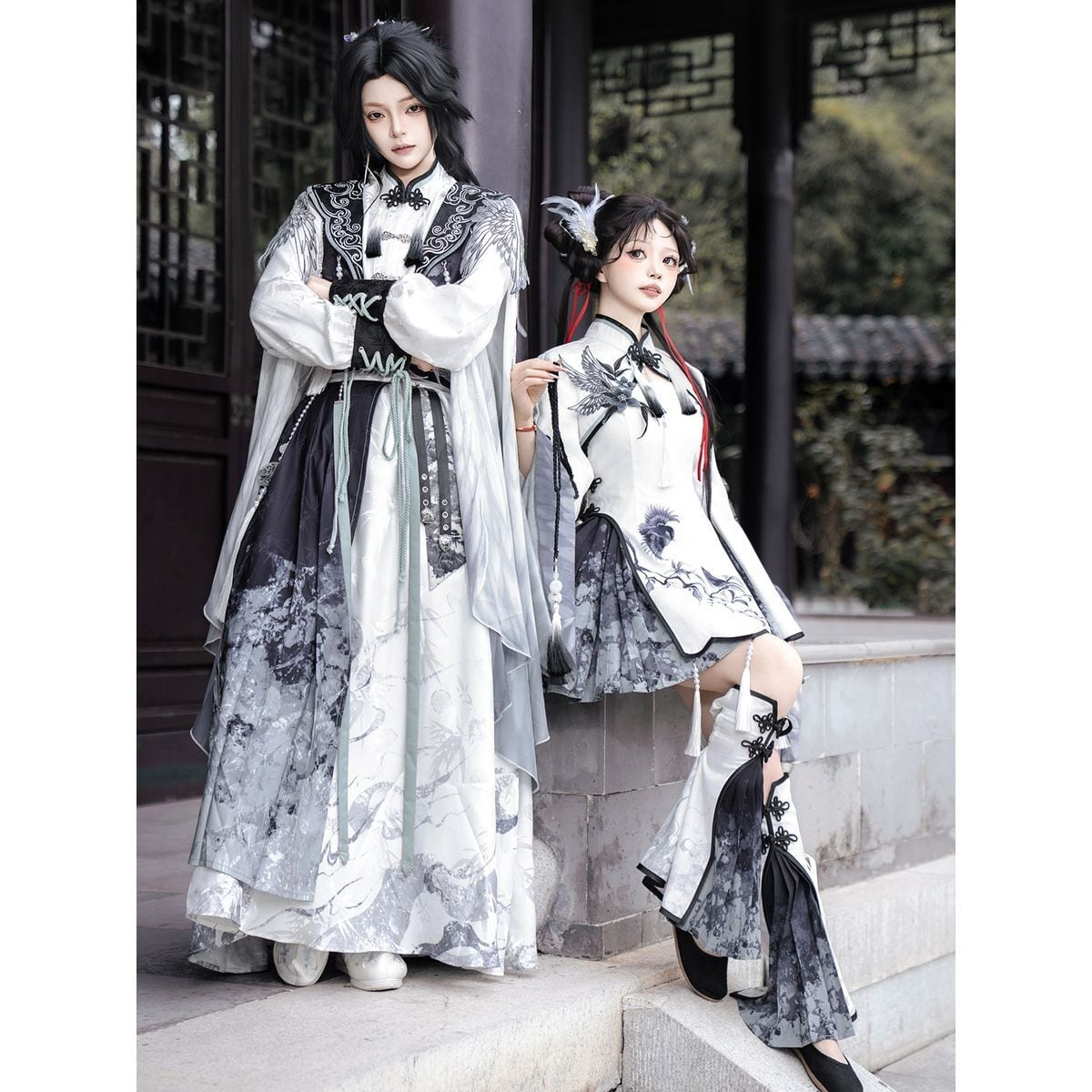 白磁に舞う墨花・振袖チャイナセットアップ：Ver.B | Maiden's Rêve