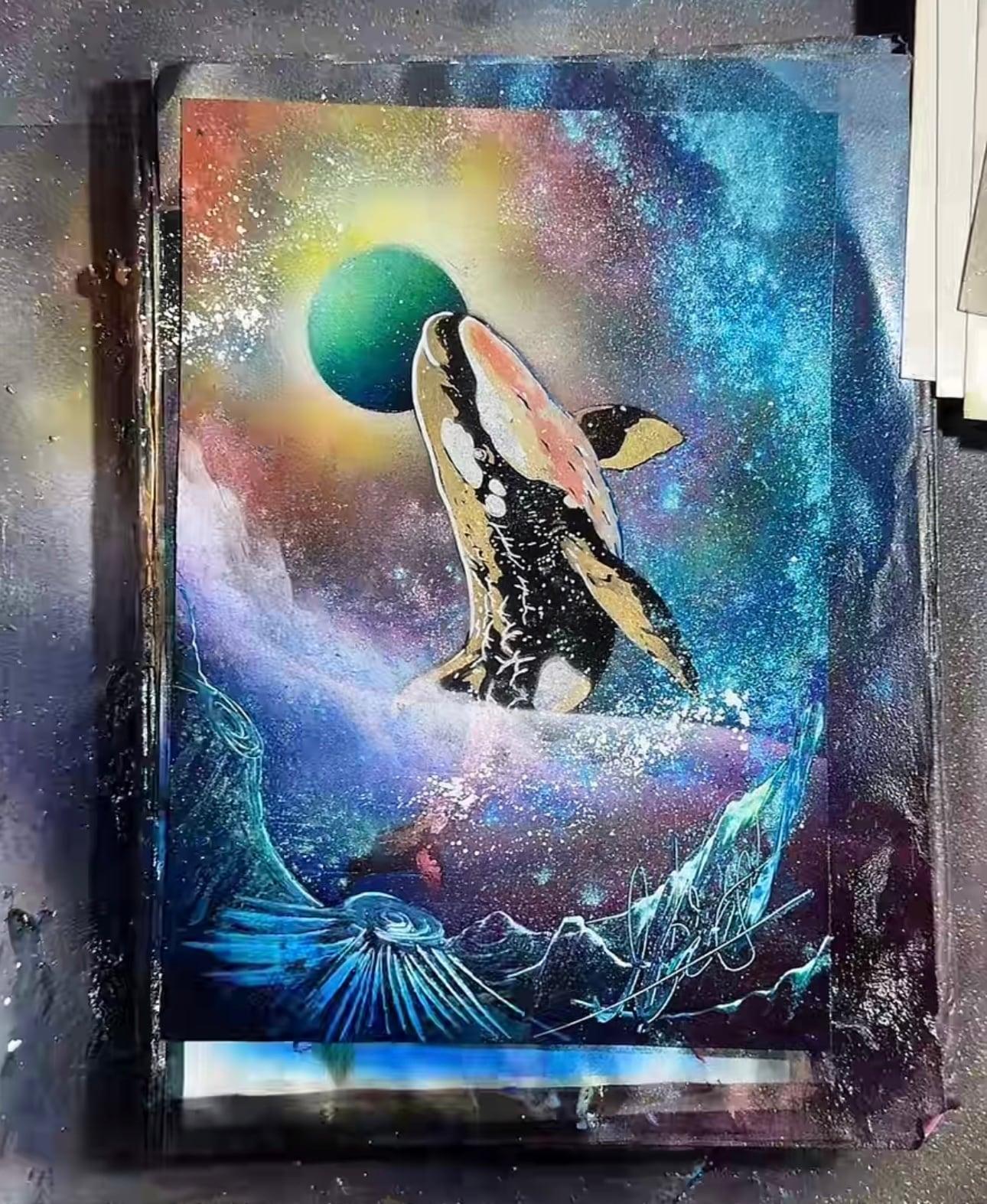 スプレーアートエデン、紙原画ネコ ミラー 大(白)】20446B. ムラサキ猫