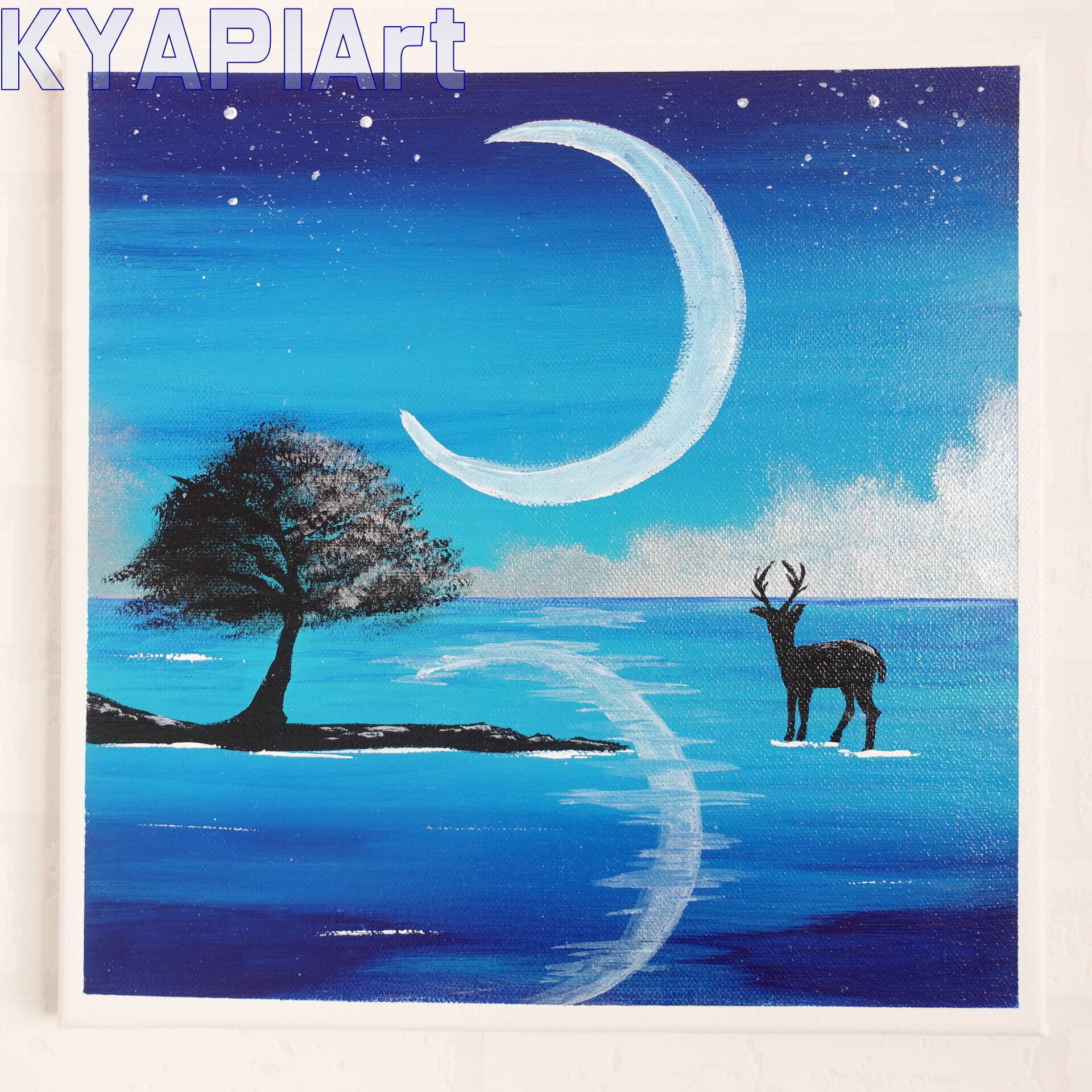 幻想の世界・鹿と三日月【アクリル画】原画・イラスト・幻想的 30×30