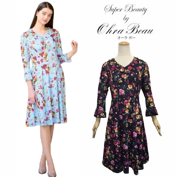 スーパービューティー ワンピース バラ柄プリント 襟フリル 2416006