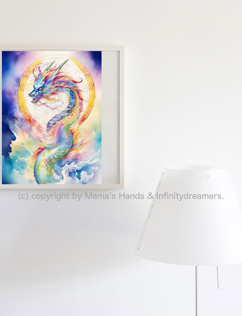 神聖幾何学を埋め込んだお守り 虹龍 龍神 龍 の水彩画 スピリチュアル