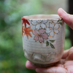 京焼・清水焼 色絵 湯のみ 雲錦（桜と紅葉 絵が少なめ） 湯呑み Shun