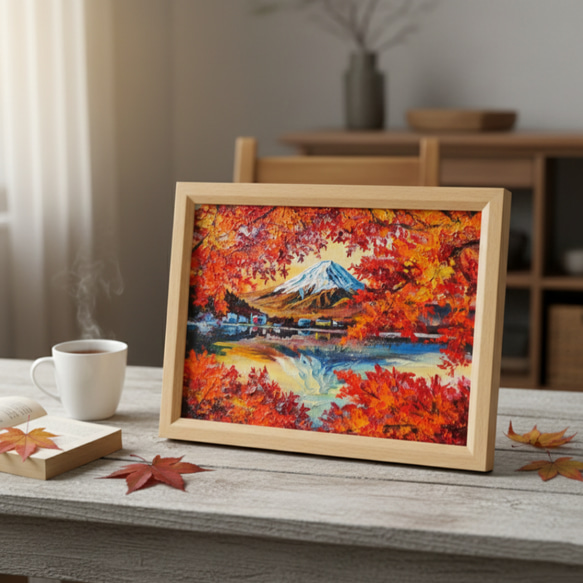 油彩画 原画 絵画「錦秋の富士」秋の風景 インテリア 壁掛け 絵画 HR