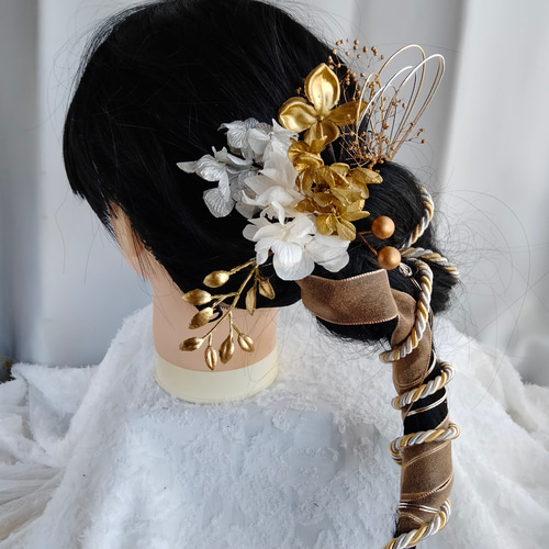 水引×リボンの和装髪飾り 金銀白 ゴールドシルバーホワイト