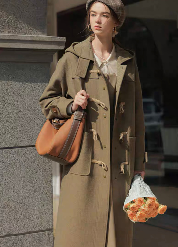 再販 ウール混フード付きダッフルコート ポケット付き【冬春秋】カーキ