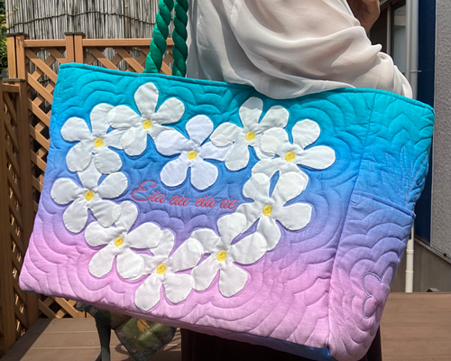 ハワイアンキルト プルメリアの大きめトートバッグピンク