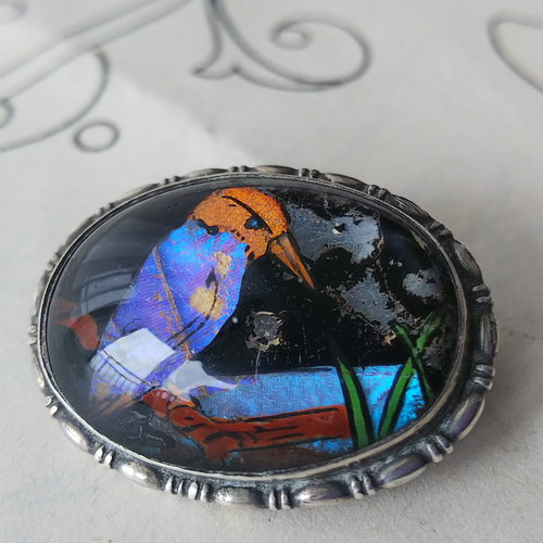 アンティーク アールデコ/モルフォ蝶/カワセミ・枝・湖／SILVER製