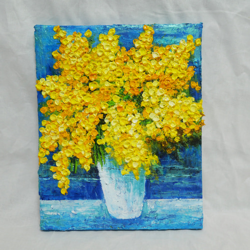 油絵 油彩 油彩画 絵 絵画 【青い背景のミモザ】 絵画 HR 通販