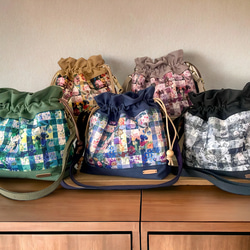 Favoris〜リバティ:アーカイブギンガム×11号帆布巾着ショルダーバッグC