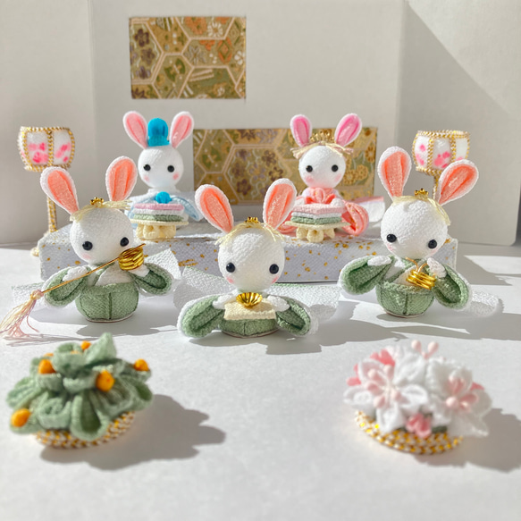 うさぎのお雛様フルセット④(ホワイト×ピンク) つまみ細工 ちりめん