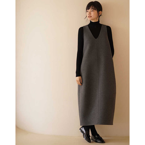 ウール混紡ツイード生地ワンピース 地厚ウールノースリーブワンピース