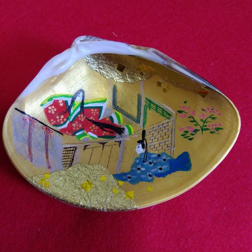 美品 手描き 貝合わせ はまぐり お雛様 源氏物語絵巻 香合 9.3×7ｾﾝﾁ