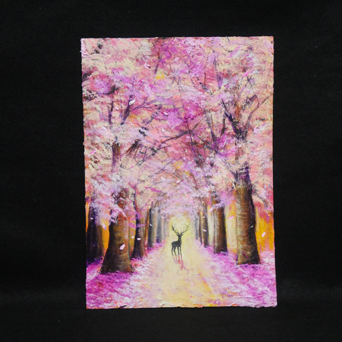 油絵 油彩 油彩画 絵 絵画【春景色の中で桜に立つ鹿】 絵画 HR 通販