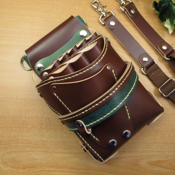 本革 ハンドメイド 8丁差し シザーケース (ブラウン×ディープグリーン