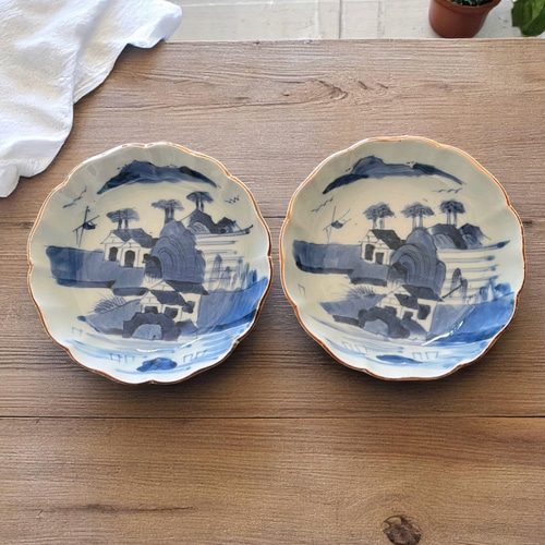 伊万里染付山水膾皿2枚組 鉄釉縁取り 手描き風景 国内残留品 お椀