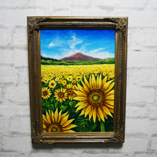 油絵 油彩 油彩画 絵 絵画【山中湖のひまわり畑】A3 絵画 HR 通販