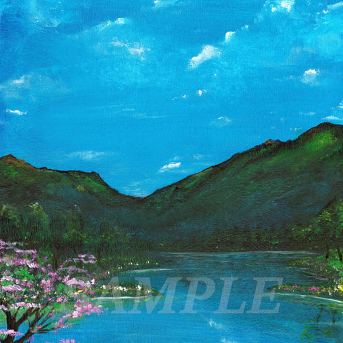 アクリル絵画「Lakeside in spring」原画【手描き／湖畔・桜・春・山